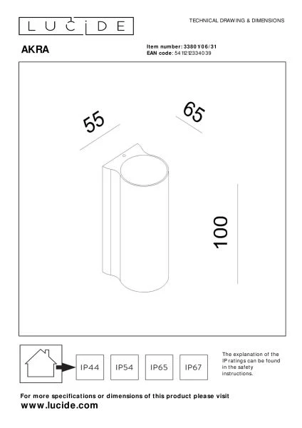 Lucide AKRA - Wall light Indoor/Outdoor - LED - 1x6W 2700K - IP54 - White - technical